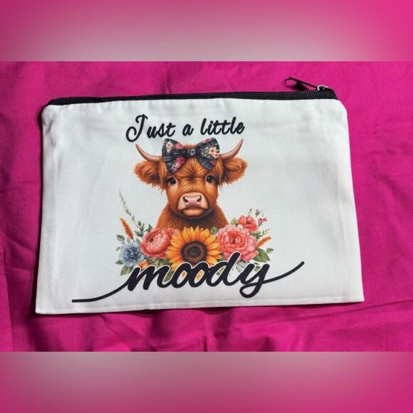 New Just a Little Moody Highland Cow Makeup Bags Zipper Encouragement Travel - Picture 1 of 1